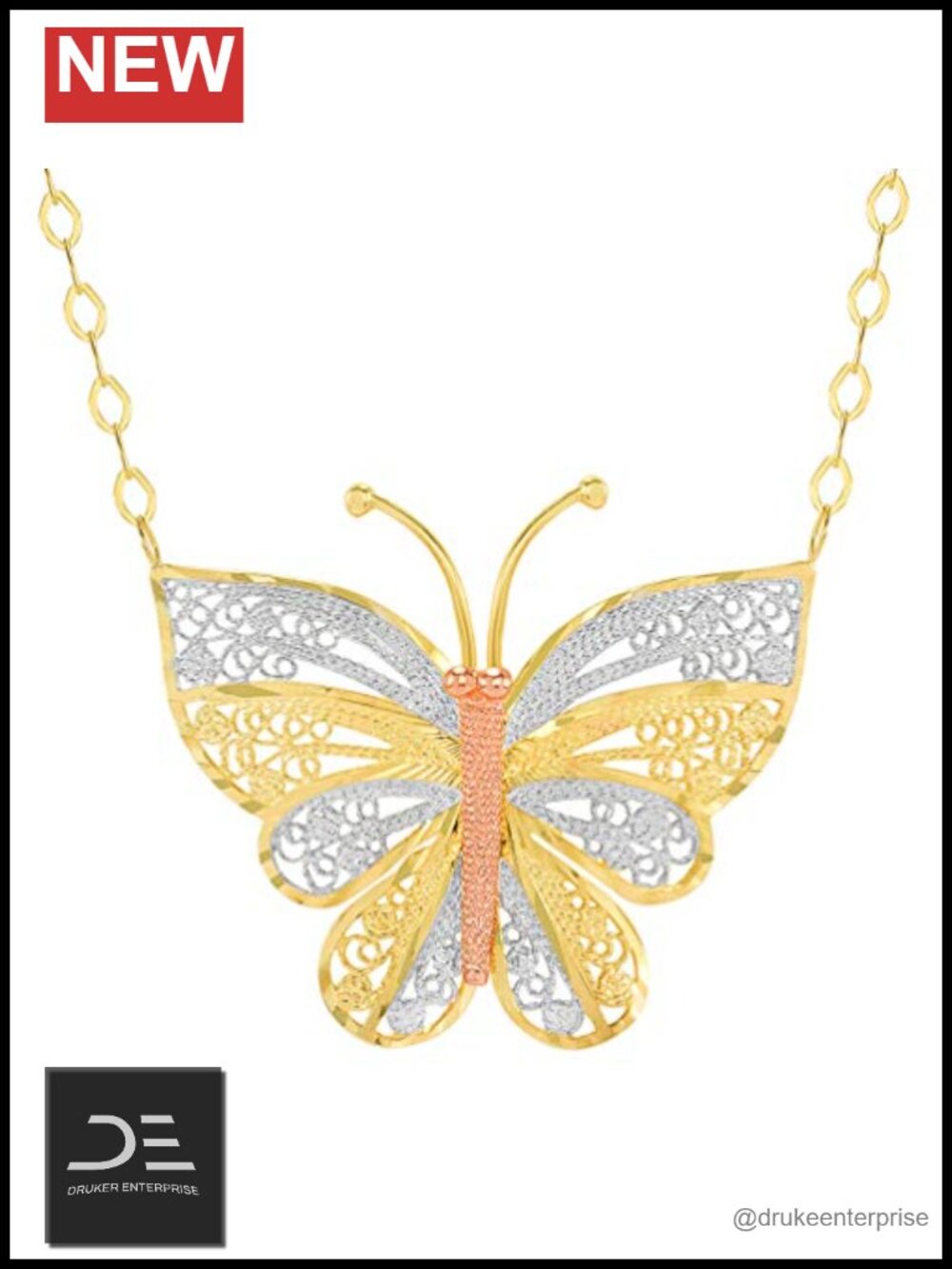 14k Yellow and Rose Gold Tri-Tone Butterfly Pendant Necklace Adjustable Chain